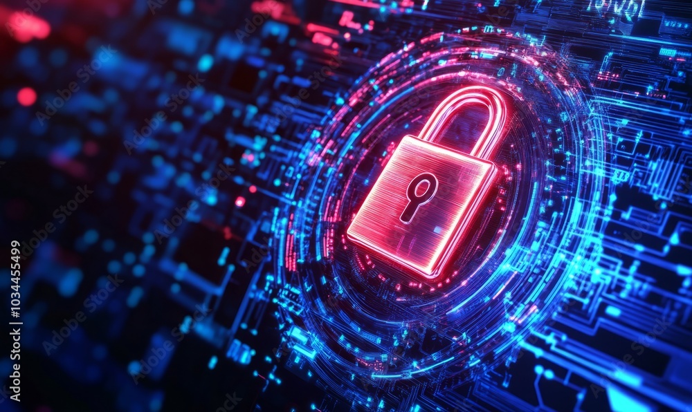 Poster digital padlock icon, cyber security network and data protection technology on virtual interface scr