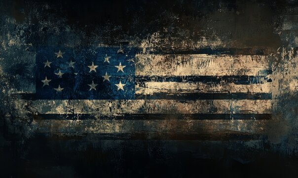 Distressed, patriotic illustration blending grunge texture with a thin blue line flag, symbolizing law enforcement's solidarity and sacrifices, set against a dark, gritty background
