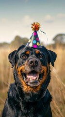 A cute dog wearing a party hat, he is having a birthday party with his other dog friends