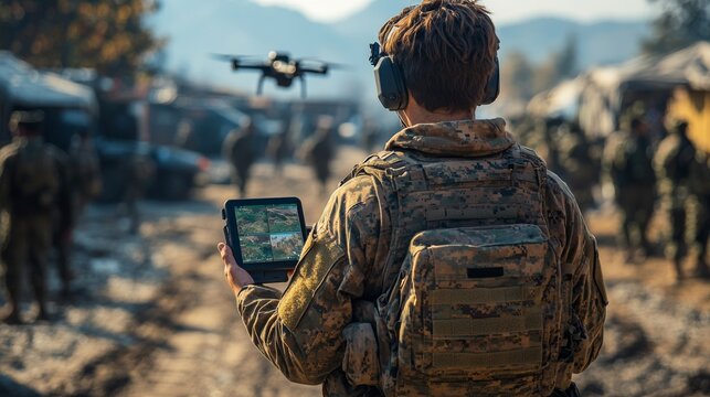 A soldier in tactical gear maneuvers a drone using a handheld device, observing the surrounding area near a military base filled with personnel and vehicles.