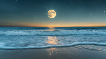 A beautiful moonlit evening on the beach with gentle waves and a serene sky