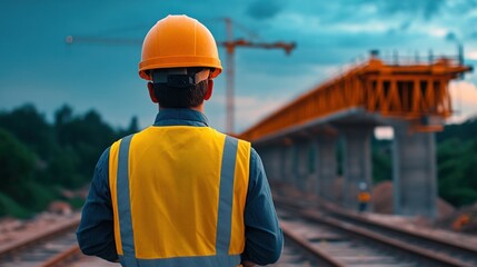 Engineer inspecting a bridge construction project, technical expertise and responsibility involved in infrastructure development