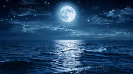 A bright full moon illuminates a tranquil ocean under a starry night sky