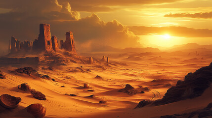 Ancient Desert Ruins at Golden Hour with Vast Sand Dunes