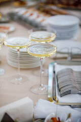 Luxury service, glasses of champagne served by a waiter at a wedding celebration or event in formal English style at luxurious hotel or country estate garden