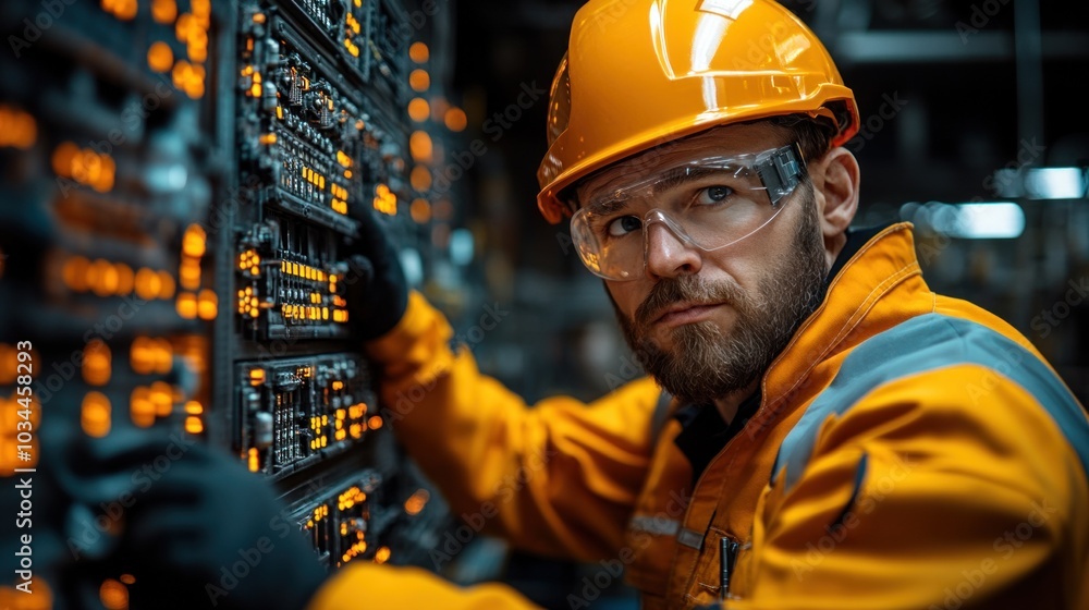 Poster technician configuring a smart factory system using internet of things (iot) technology, symbolizing
