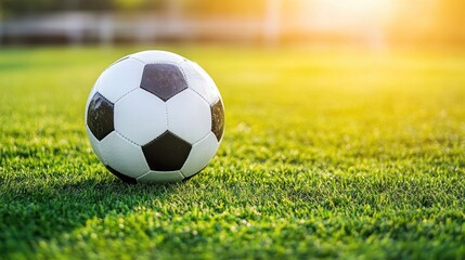 Fototapeta premium A soccer ball sits on lush green grass, illuminated by the soft light of a sunset, preparing for an evening match or practice at an open field