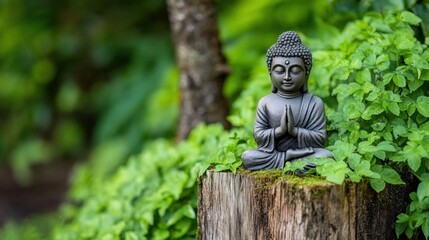 A small Buddha statue sits peacefully on a wooden stump, surrounded by vibrant green plants in a tranquil garden. The serene atmosphere enhances the calming presence of the statue