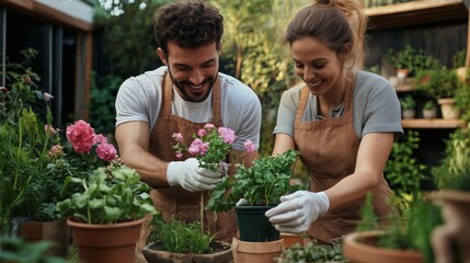 Young couple engages in gardening activities while planting flowers together in a vibrant greenhouse during a sunny afternoon