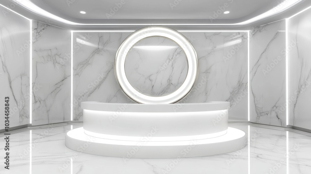 Poster a sleek lobby featuring polished marble walls and floors, illuminated by a circular light above a mi