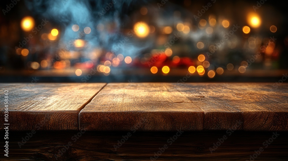 Poster a rustic wooden table sits in the foreground, contrasted against a softly illuminated background wit