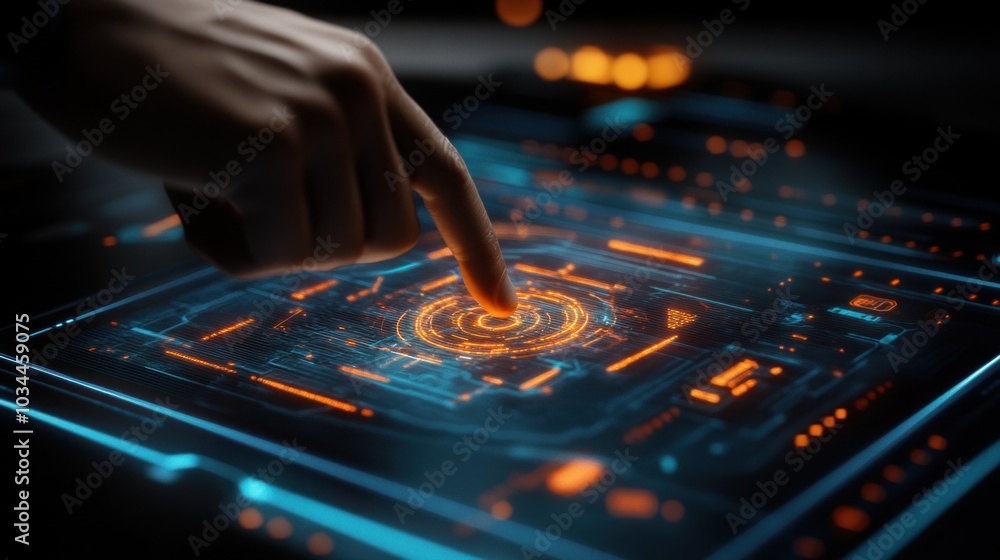 Poster a hand interacts with a high-tech touchscreen interface illuminated by vibrant orange and blue graph