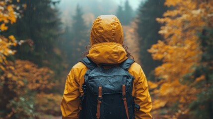 A person in a yellow rain jacket stands on a forest trail, facing lush, golden autumn leaves while experiencing the cool, humid air of a foggy day