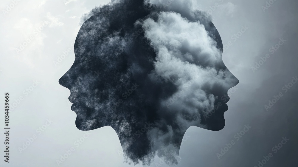 Poster Silhouettes of two human faces merge with swirling dark clouds, creating a striking visual that represents the intertwining of thoughts and emotions in a surreal manner