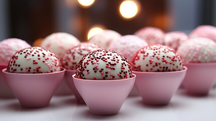 Close-up of red and white chocolate covered balls with sprinkles in pink bowls, with blurred golden lights in the background.