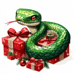 Fototapeta premium A cartoon-style green snake surrounded by colorful Christmas gifts, set against a white background