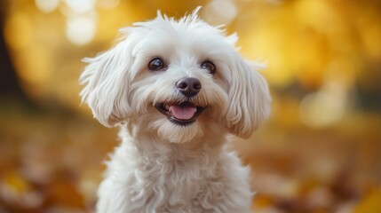 White fluffy dog with a joyful expression on his face. The background is decorated with autumn leaves, which creates a cozy and warm atmosphere.