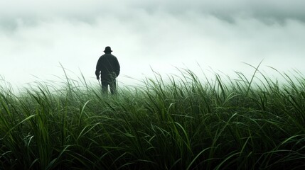 Fototapeta premium A solitary person walks through a fog-covered field at dawn, immersed in lush green grass, evoking a sense of peace and connection with nature