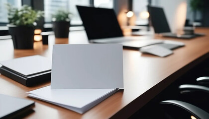 Fototapeta premium Blank card on a desk in modern office, ai