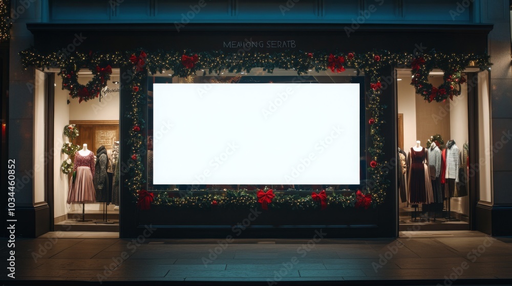 Poster a storefront window decorated with garlands and red bows. the window is displaying mannequins wearin