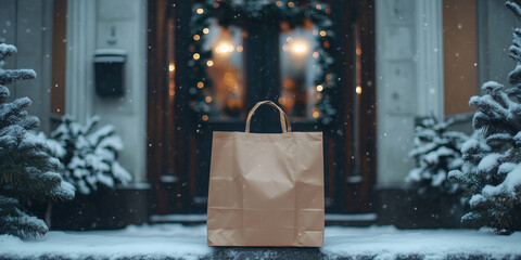 Paper bag with food delivery in front of house entrance at winter. Grocery order delivered contact free. Takeout food left at door mat. Celebrating Christmas.
