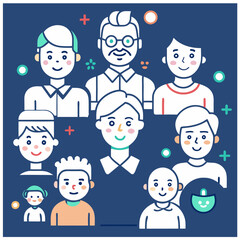 Family web icons in line style. Parents, mother, father, baby, children, grandparents, collection. Vector illustration.