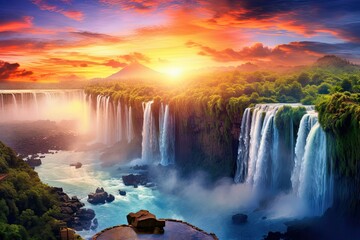 The sun rises spectacularly casting golden light over waterfalls cascading into a serene river enveloped by vibrant greenery and mist