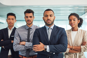 Business people, portrait and crossed arms for leadership, collaboration and diversity in office....