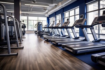A well equipped gym features several treadmills and exercise machines arranged neatly under large windows creating an inviting workout environment