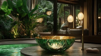 Tranquil Spa Interior with Green Bowl and Lush Plants