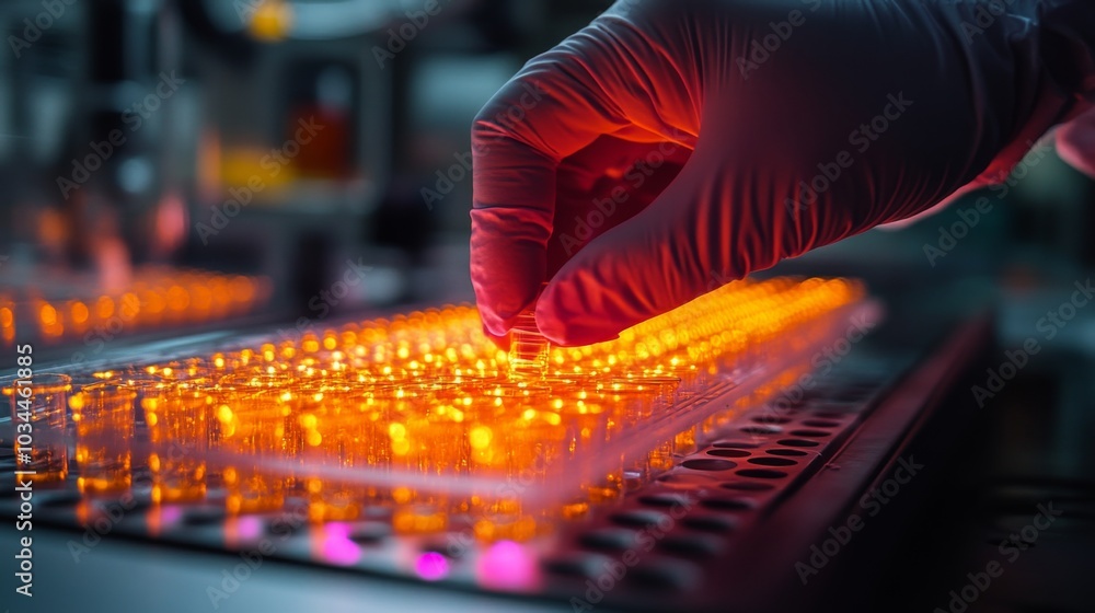 Aufkleber a research scientist carefully places samples into a rack of illuminated test tubes within a laborat