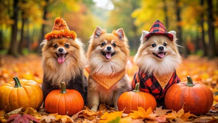 group of funny dogs ​​pomeranian spitz in costume halloween in autumn park background