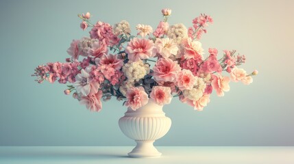 3D illustration of a beautifully detailed vintage flower vase, with muted pastel tones on a light backdrop, capturing a timeless feel