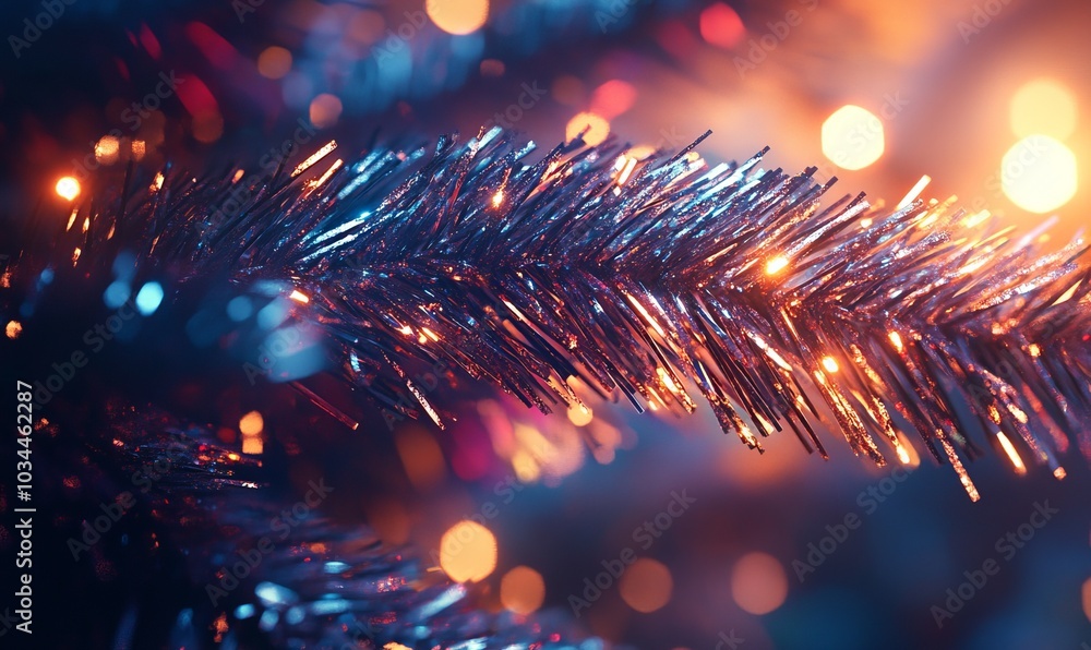 Poster glittering tinsel draped over a christmas tree branch, with each strand reflecting light and adding 