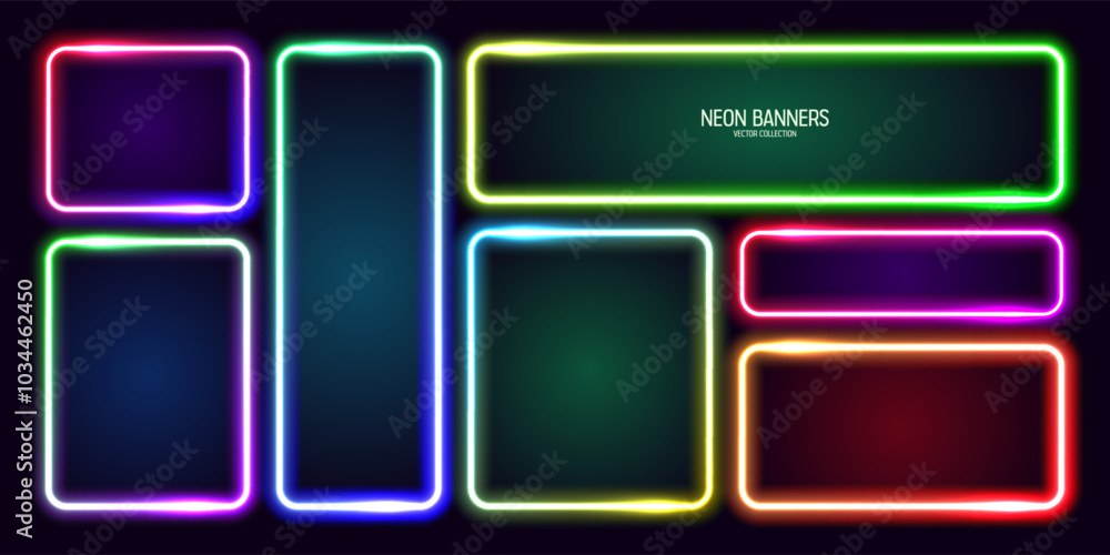 Wall mural colorful glowing neon banners, illuminated square frames. shiny vibrant border, glow effect. purple 