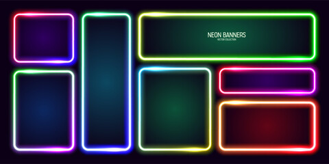 Colorful glowing neon banners, illuminated square frames. Shiny vibrant border, glow effect. Purple vintage retro lights, night illumination. Modern futuristic UI design elements. Vector illustration © 32 pixels