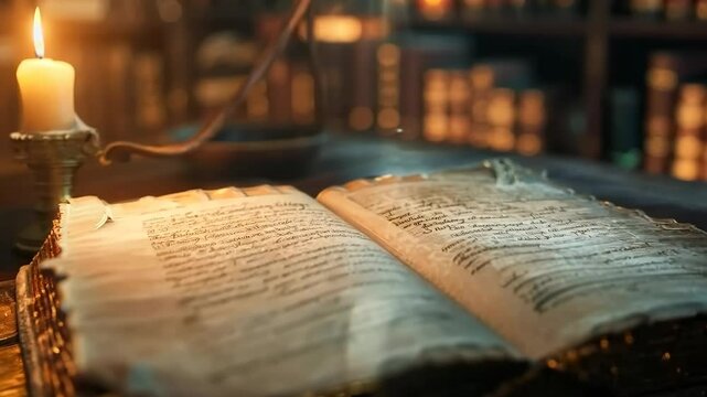Ancient tome illuminated by candlelight, Video