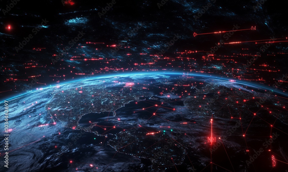 Poster global network and internet connection in orbital earth globe . concept of wireless digital connecti
