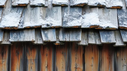 Snow covered wooden shingles on a rustic building