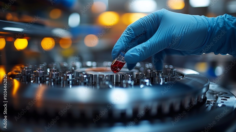 Poster a researcher wearing gloves places a small vial of red liquid onto an advanced analytical instrument