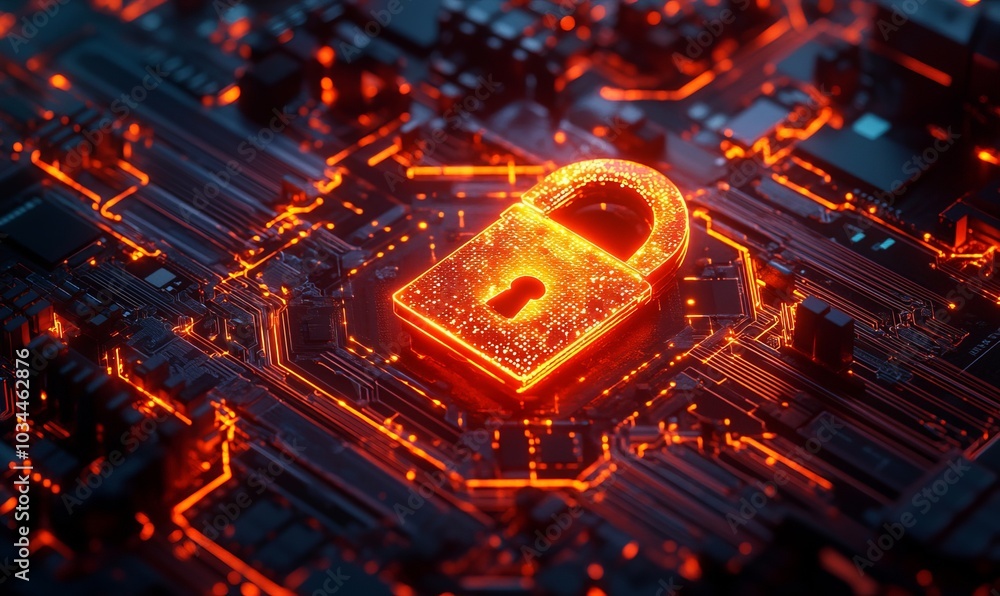 Poster globe with digital padlock over circuit board, dark background. concept of global cybersecurity and 