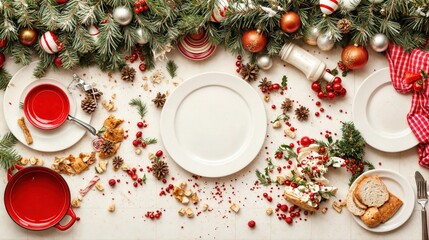 Messy Christmas dinner table with festive decorations, pine branches, and holiday food