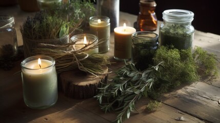 Fresh herbs for Afro-Brazilian rituals on a wooden surface