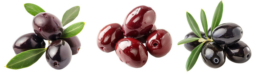 Black Gaeta olives, glossy and plump, with a small sprig of green leaves, isolated on a white background.