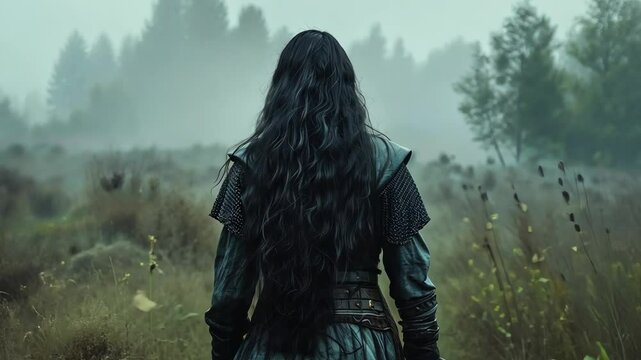 A woman walks through a misty forest, her long black hair flowing behind her