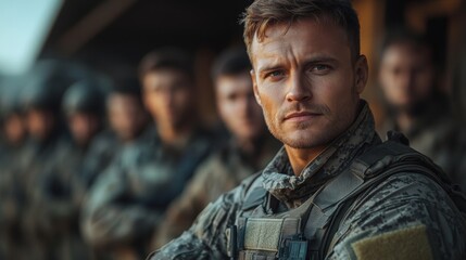 A group of soldiers stands together in uniform at a military installation, demonstrating unity and focus as they gear up for training exercises in the early morning light.
