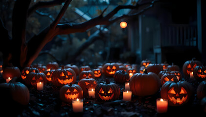 A spooky Halloween night unfolds with glowing pumpkins and flickering candles, casting enchanting shadows. The scene radiates an eerie yet festive atmosphere, inviting all to celebrate