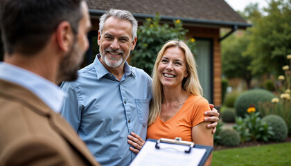 A joyful couple interacts with a real estate agent outside their newly purchased house, expressing happiness and excitement for their new beginning. The home and garden provide a beautiful backdrop.


