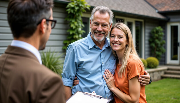 A joyful couple interacts with a real estate agent outside their newly purchased house, expressing happiness and excitement for their new beginning. The home and garden provide a beautiful backdrop.

