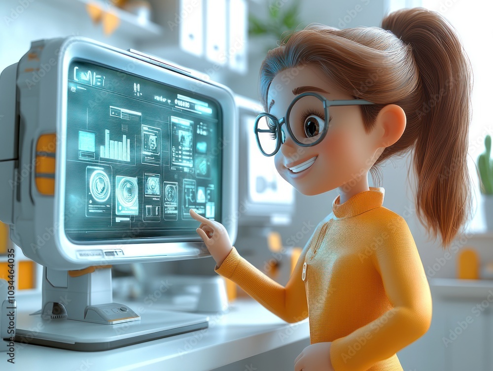 Poster smiling girl using futuristic computer